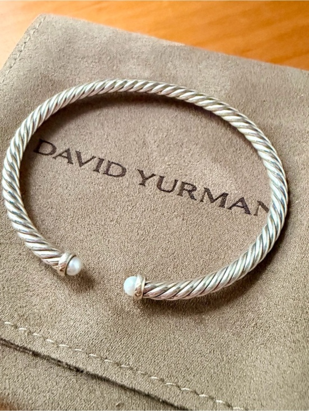 David Yurman Bracelet Cable Flex Sterling Silver 14K Gold and Pearls 4mm LARGE